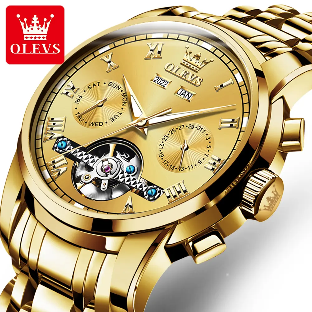 OLEVS Premium Men's Business Automatic Mechanical Watch - Round Case, Steel Strap, Luminous, Waterproof, Multi-Dial Functionality