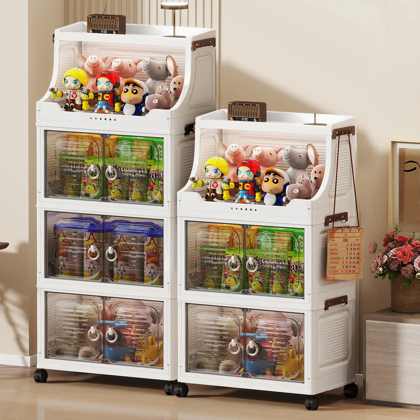Collapsible Stackable Plastic Storage Cabinet with Built-in Open Top Shelf, Magnetic Transparent Front Doors & Lockable Rolling Wheels, Foldable Storage Organizer for Toys, Clothes, Bedroom, Living Room & Household Storage