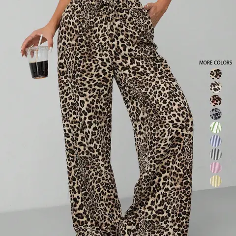 Women's Leopard Print Tie Front Pocket Wide Leg Pants, Casual Comfy Straight Leg Trousers for Daily Wear, Ladies Bottoms for All Seasons, Womenswear, Casual Chic Trousers, Casual Weekend Bottoms