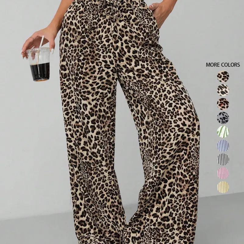 Women's Leopard Print Tie Front Pocket Wide Leg Pants, Casual Comfy Straight Leg Trousers for Daily Wear, Ladies Bottoms for All Seasons, Womenswear, Casual Chic Trousers, Casual Weekend Bottoms