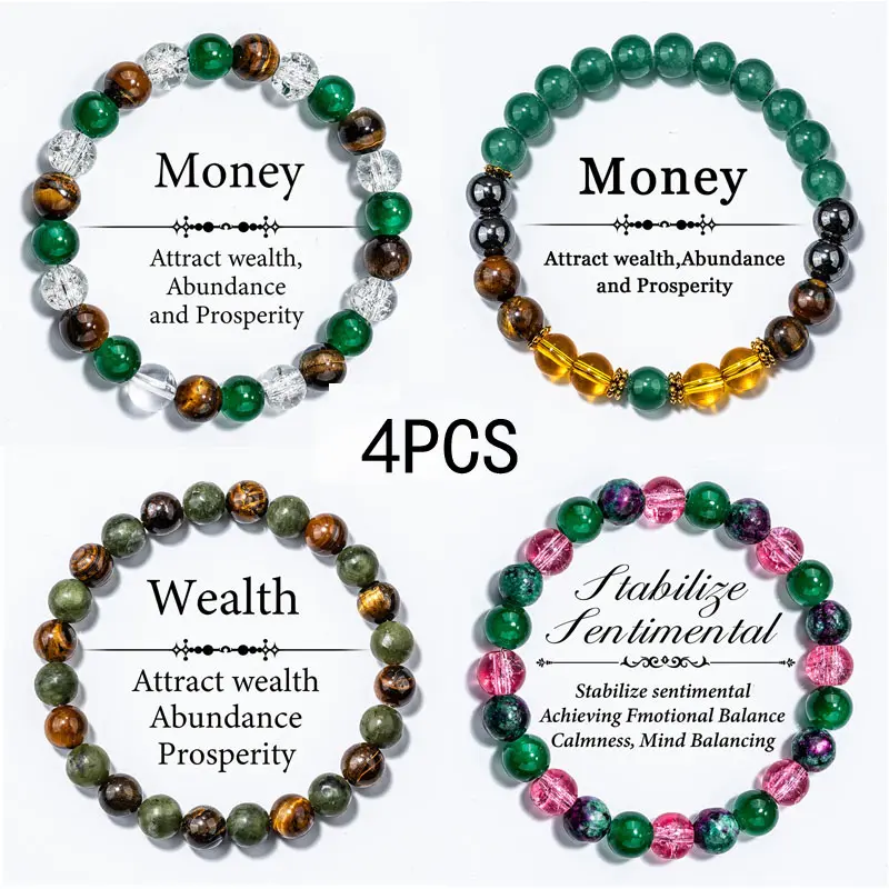 4PCS Beaded Stretch Unisex Jewelry for Personal Strength, Wellness, Wealth and Good Fortune Elegant Vibrant