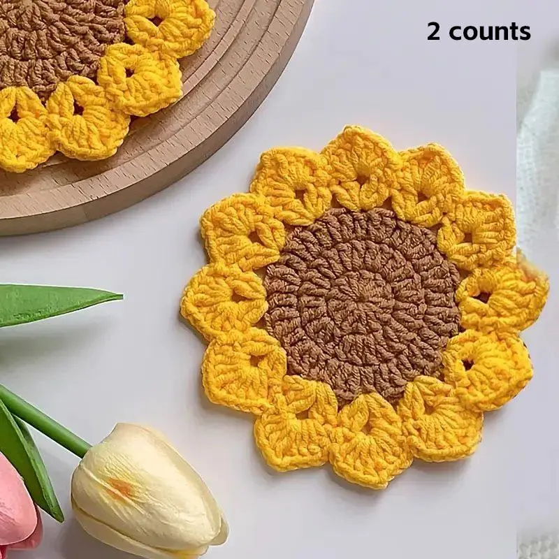 Handmade Woven Flower Coaster, 2 Counts Sunflower Design Placemat, Heat Insulation Coaster, Suitable for Gifting, Home Decoration, Decorative Coaster