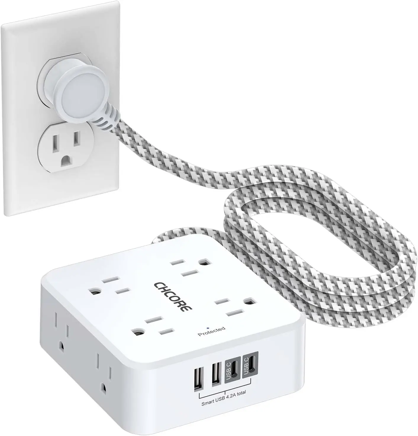 Surge Protector Power Strip - CHCORE 5Ft Braided Extension Cord with 8 Outlets with 4 USB (2 USB C) Charging Ports, Flat Plug Multi Plug Outlet Extender Charging Station for Home Office, ETL, White