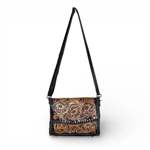 Black and Tan Tooled Leather Crossbody Bag for Everyday Use