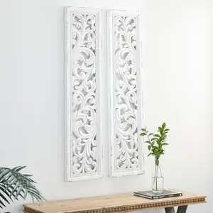 Set of 2 Scroll White Wood Handmade Slim Distressed Carved Panel Home Wall Decor