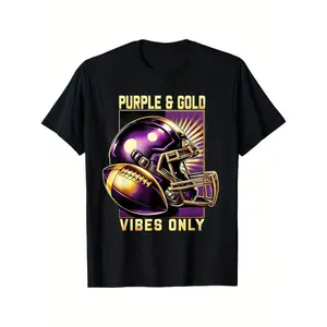 Purple & Gold Vibes Only Retro Football Lovers Football Team T-Shirt, Black, 100% Cotton, Gift For Men Dad Friends, S-XXXL