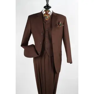 Mens Classic Fit 3 Button Vested Single Pleated Pant Suit in Chocolate Brown
