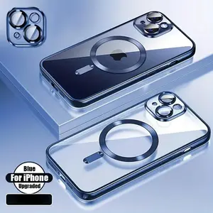 Transparent Phone Case with Luxury Plating And Magnetic Wireless Charging for iPhone 11 12 13 14 15 Promax Featuring a Clear TPU Design That Is Shockproof And Includes a Lens Film