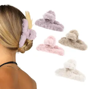 Christmas Gift 4PCS 4.3 inch Large Plush Claw Hair Clips for Thick Hair Big Fuzzy Hair Clips for Women Girls Nonslip Strong Hold Hair Claw Clip Hair Catch Hairpins Hair Accessorie Hair Accessory