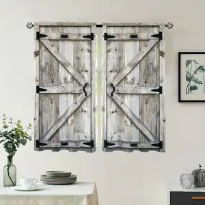 2pcs Rustic Farmhouse Barn Door Window Curtains, Light Filtering Polyester Twill Weave with Rod Pocket for Kitchen, Restaurant, Restroom, and Living Room Decor, Uncorded Curtains | Rustic Barn Door Design | Woodgrain Texture