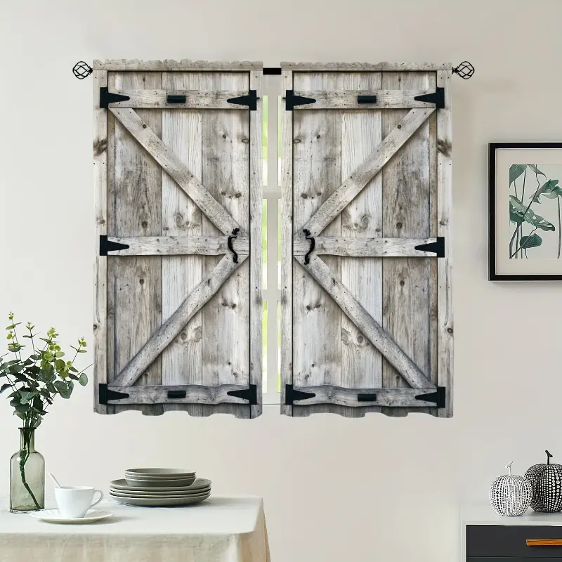 2pcs Rustic Farmhouse Barn Door Home Decoration Curtains - Light Filtering Polyester Twill Weave, Rod Pocket, Uncorded, Woodgrain Texture for Kitchen, Living Room, Bathroom Supplies, Home Decoration Curtain