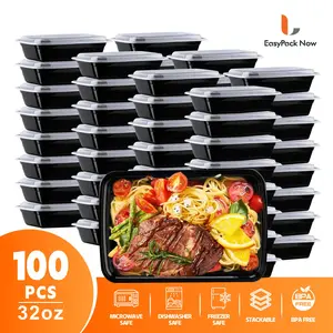 32oz Black 100pcs (50 Containers & 50 Lids) Rectangular Meal Prep Containers, Stackable and Leakproof Food Storage Container Set, Disposable Bento Box Ideal for Food Truck, Catering, Office Lunch, Family Leftovers, Party Takeout and Picnic Microwave