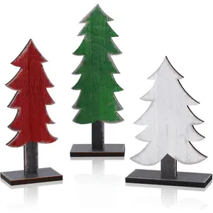 Rustic Christmas Decor Set, 3-Piece Wooden Tree Centerpiece, & Options, Rectangular Base Design for Home Decoration