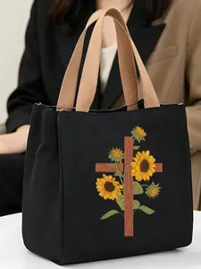 #SunflowerCrossTote #FaithFloralBag | Black Canvas Tote Bag with Sunflower Cross Print, Casual Inspirational Shopper with Beige Handles, Large Capacity Handbag, Durable & Warm, Perfect for Faithful Lovers & Daily Outings