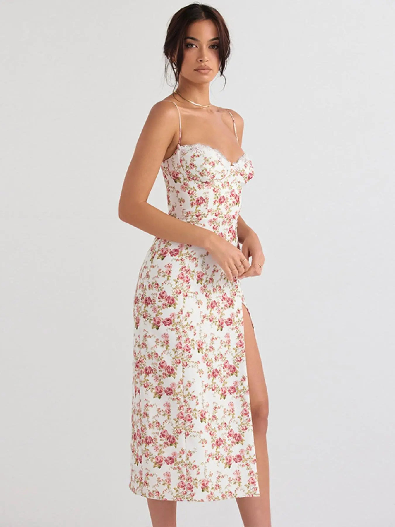 cami floral bohemian vacation midi dress Women's Ditsy Print Contrast Lace Spaghetti Strap Side Split Bodycon Fit Dress, Boho Style Casual Wear, Sleeveless for Summer Beach Holiday Vacation, Bohemian, Summer Dresses Men's High-Waisted Belted Pants tulle wedding dress with lace appliques Color:Black Pink This is the dress