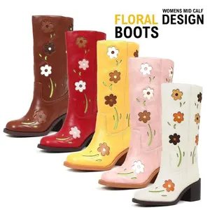Womens Mid Calf Boots Square Toe Chunky Block Heel Pull On Fashionable Floral Design Cowgirl Bootie Comfy Walking Office Outdoor Clubing Dating Spring Wide Calf Boot Lolly Cowboy Boots