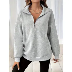 Fashion Solid Color Zipper Sweatshirt, Long Sleeve Lapel Sweatshirt, Women's Autumn/Winter Sportswear