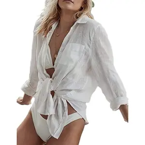 Beach Coverup for Women, Swimsuit Coverup Long Sleeve, Linen Bikini Cover Up Shirt, Bathing Suit Cover Ups for Pool