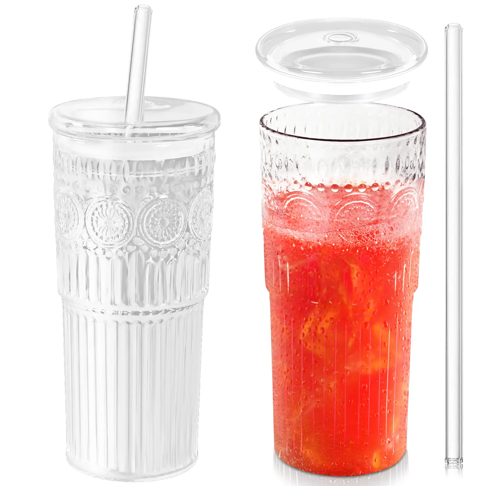 24oz Glass Iced Coffee Cup: Stylish High Borosilicate Tumbler with Lids and Straws - Perfect for Water, Smoothies, and Juice Drinks Drinkware Beverage