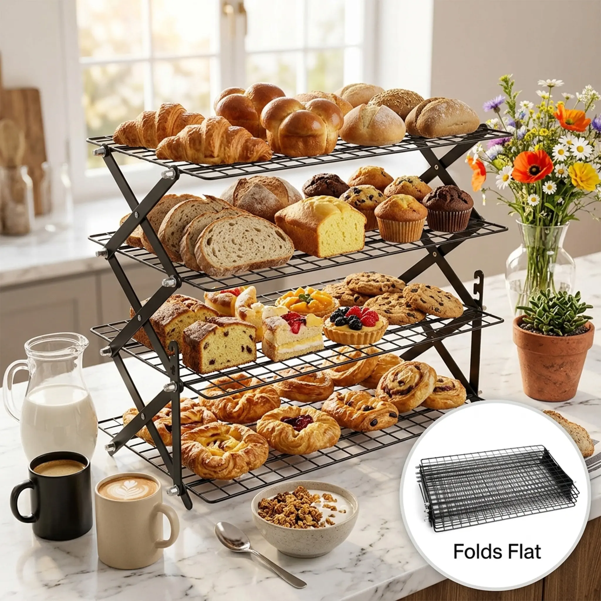 4-Tier Foldable Cooling Rack for Baking, Large Stackable Wire Rack for Cookies, Cupcakes, Bread & Pastries, Space-Saving Collapsible Baking Rack, Black
