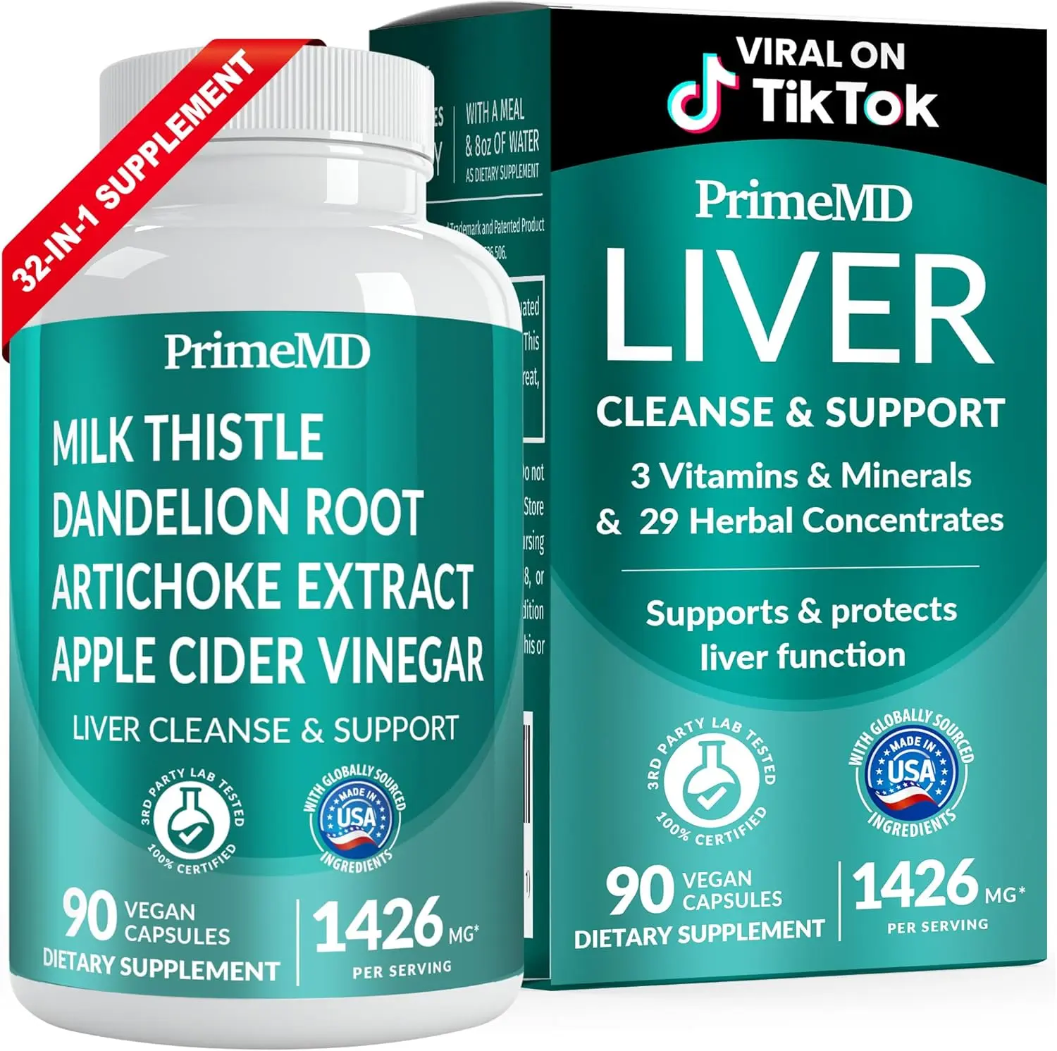 PrimeMD Liver Cleanse Detox and Support 32-in-1 Dietary Supplement with Milk Thistle, Silymarin, Artichoke Extract & Beetroot Powder for Liver Support - 1426mg (90ct) - Edible, Healthcare