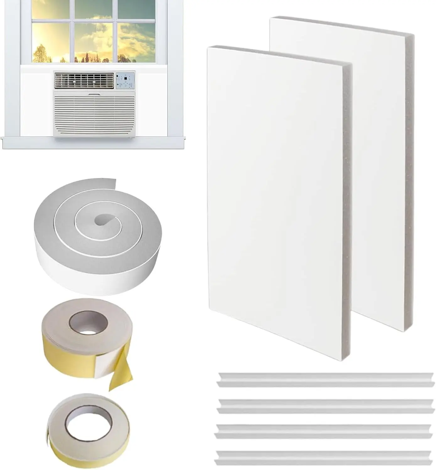Surround Insulation Side Panels,fully enclosed design White Window Air Conditioner Insulated Foam Panels,Summer/Winter Heat and Draft Insulating with 4 edge banding strips EVA