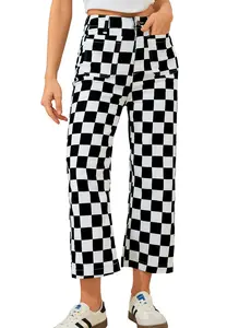 ZHANGYAN Women's Checkered Cropped Pants for Fall & Summer – Stretchy Waist Streetwear Bottoms with Pockets, Halloween Outfit Essentials
