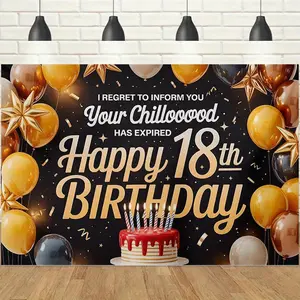 1pc 2D Black Gold Funny 18th Birthday Backdrop Banner, Humorous Text & Cake Balloon Elements, Retro & Festive Style, Perfect for 18th Birthday Party, Coming-of-Age Celebration, Friends Prank Gathering Decor, Photo Booth Prop