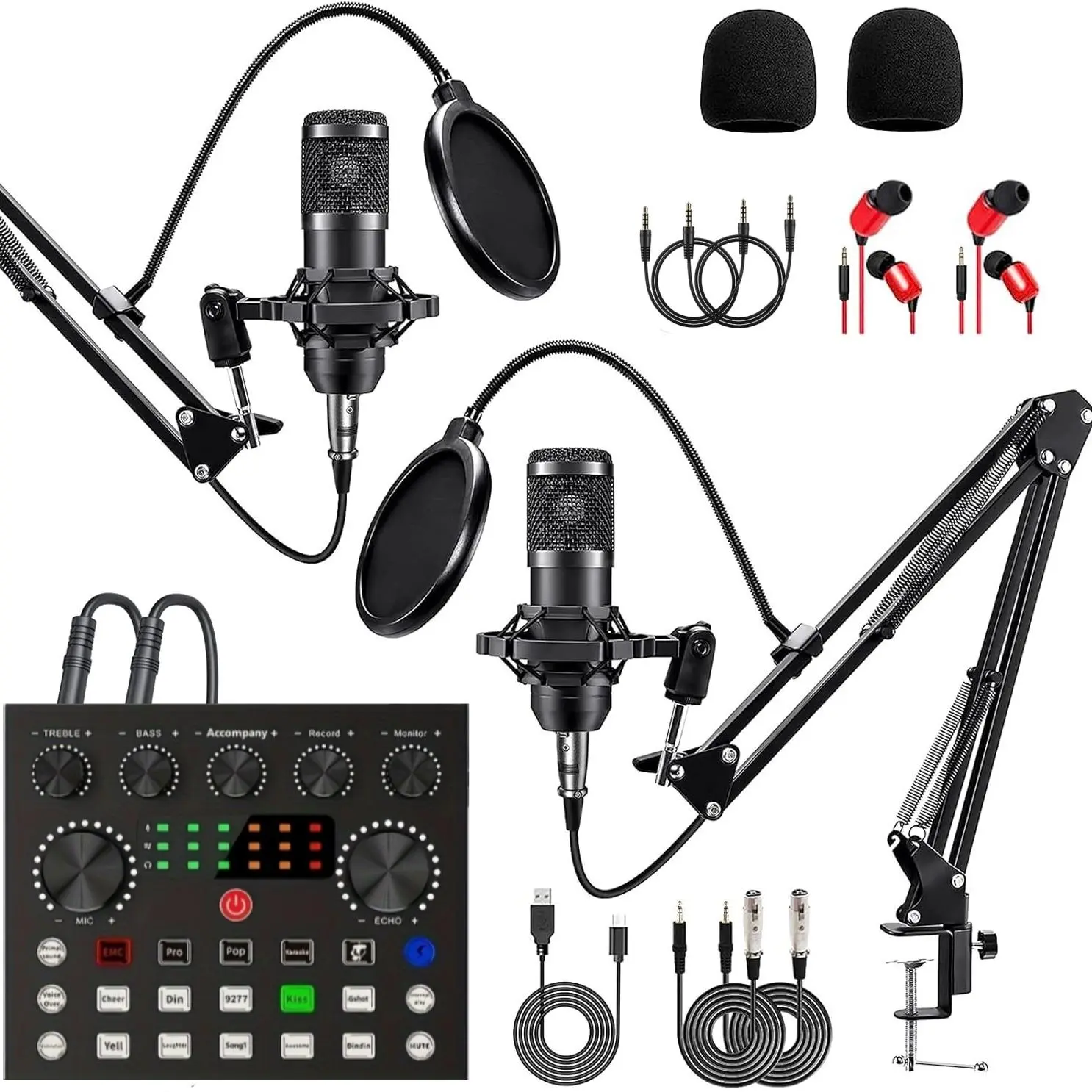 Podcast Equipment Bundle for 2 People, Studio Condenser Microphone, Voice Changer with BM-800 Podcast Microphone, Audio Mixer Kit for Recording, Singing, Streaming, USB Audio Interface, Recording Set