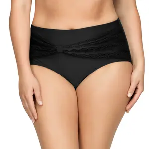PARFAIT Keira S8075 High-Waist Bikini Bottom with Crochet Lace Panel Front Bow Detail Black Microfiber Back Comfortable Fit
