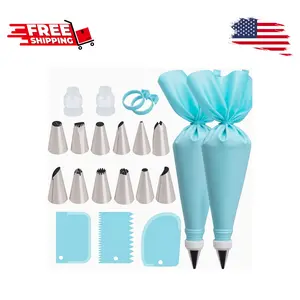 Piping Bags and Tips Set with 2 Reusable Bags, 12 Icing Tips, 2 Silicone Rings, 2 Couplers and 3 Scrapers