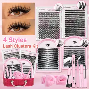 DIY Mixed Styles Lash Clusters Gift Set, Lash Extensions, Flora / Velure / Cat Eye Lashes, Soft & Lightweight, Lash Clusters With Bond, Seal, Remover, Tweezers & Headband, Easy DIY Salon Look at Home Long-Lasting for Beginners