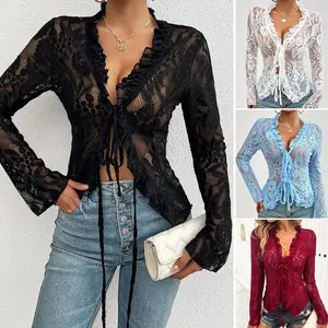 Spring Summer Sexy Slim Fit Long Sleeved Women Lace Top V-shaped Collar Flared Sleeves Long Sleeved Gauze New Mesh Girls Clothes