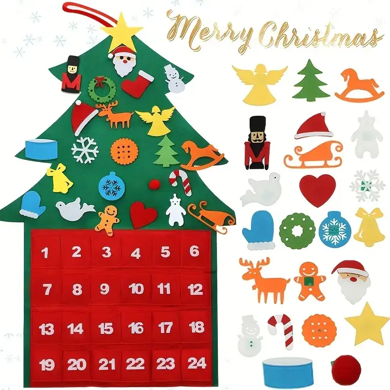 Reusable Christmas Countdown Calendar Set, 25-Piece Advent Calendar with Felt Pockets, Hanging Cloth Design, Perfect Holiday Gift