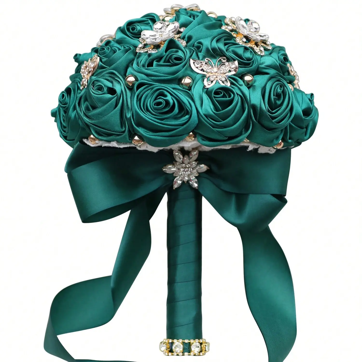 Handmade Wedding Bouquet With Pearls And Brooch Satin Rose Flower Bouquet With Rhinestones Bride Bridesmaid Bouquet Sweet 15 Quinceanera Bouquet