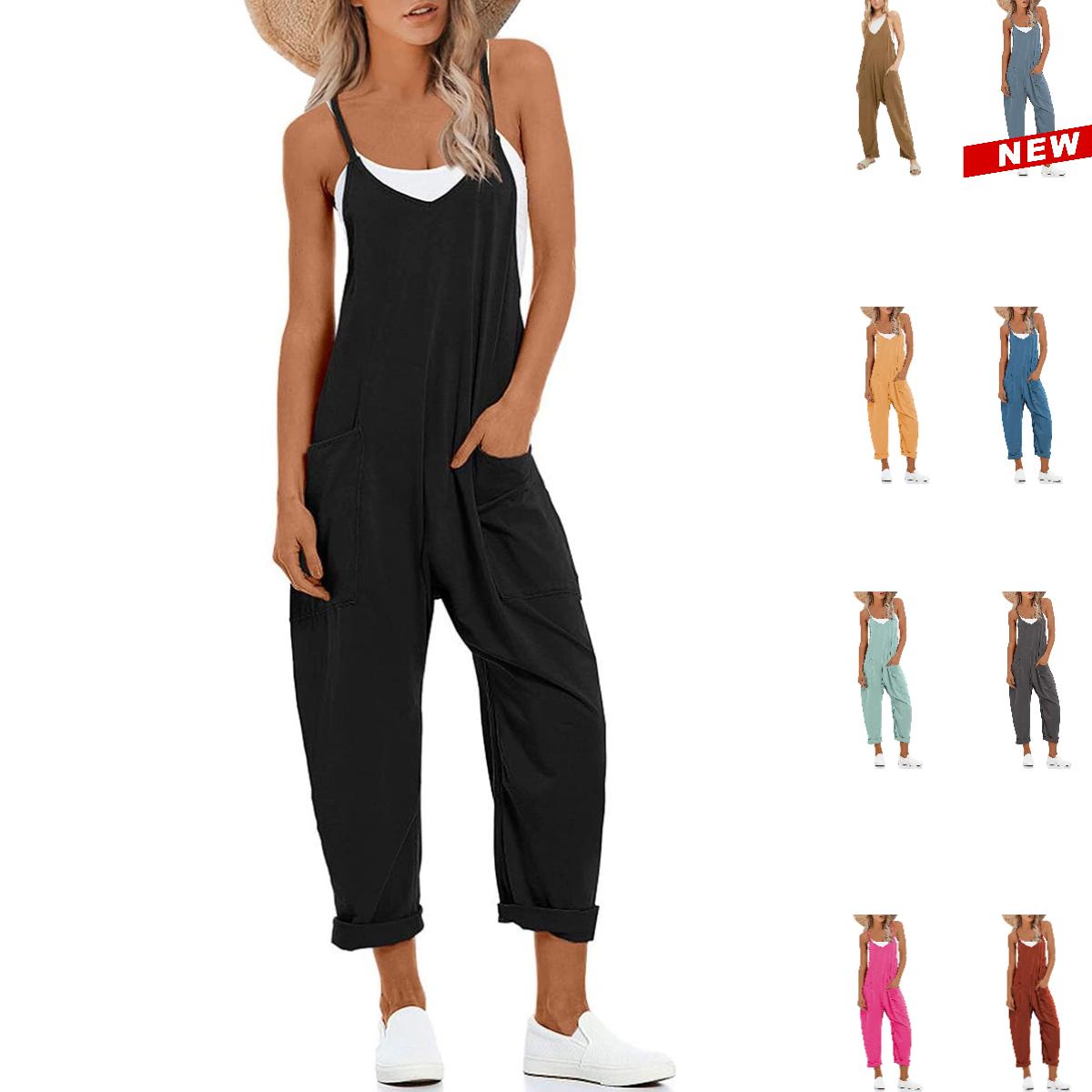 Tanming Women's Causal Jumpsuits V Neck Sleeveless Harem Overalls Stretchy Adjustable Strap Romper with Pockets #SpringS