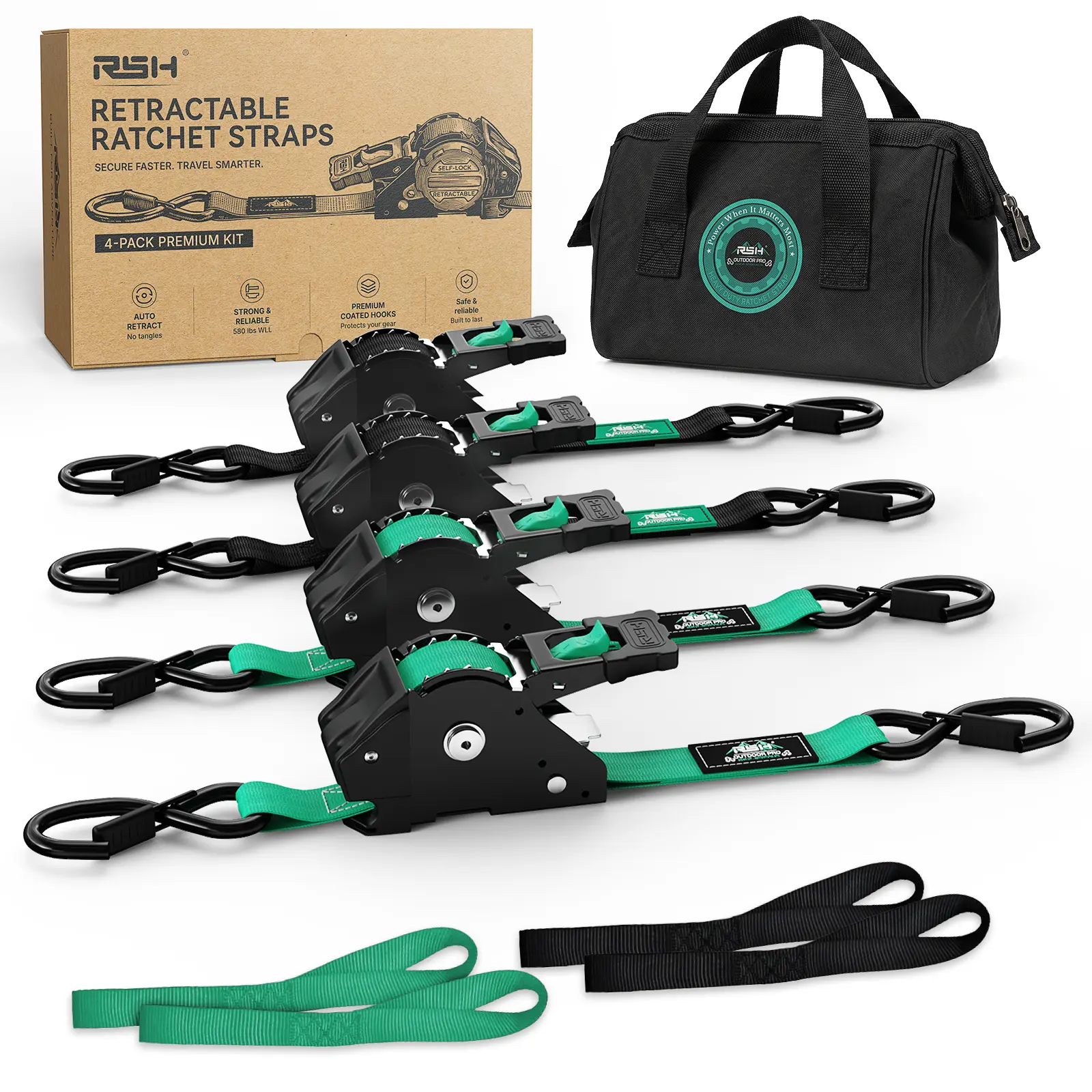 RSH 4-Pack Medium-Duty Automatic Retracting Ratchet Straps, Self-Reeling Ratcheting Tiedowns, Truck Accessories for Cargo Securing on Trucks, Cargo Trailers