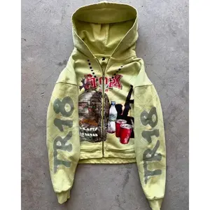 Loose oversized hoodie, American retro animated printed zipper sweatshirt, fashionable multifunctional personalized clothing, men's top