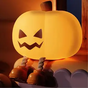Mischievous Grinning Pumpkin Night Light, Cute Halloween Decor Pumpkin Lights with 3 Level Dimmable, Squishy Silicone Rechargeable Bedside Touch Lamp for Kids Family Bedroom Halloween Gifts