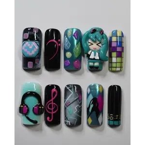 Anime Kawaii Nail Art | Hatsuners Mikus Inspired 3D Press On Nails | Kawaii Music & Gamer Girl Nail Set