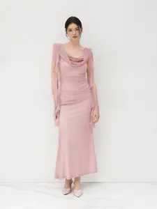 Cowl Neck Solid Ruffle Hem Ruched Maxi Dress