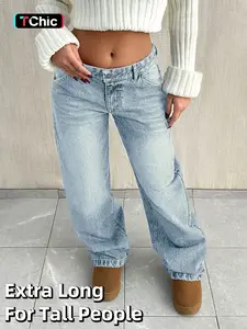 Tall Women's Light Blue Washed Low Rise Loose Wide Leg Jeans, Classic Retro Vintage Casual Long Pants for All Seasons, Fitted Style with Natural Waist, Extra Long Length