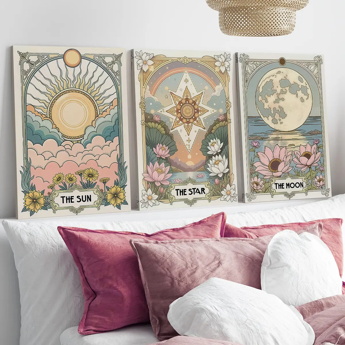 3 Counts Wood Framed Canvas Vintage Sun Star Moon Tarot Wall Art, Retro Floral Botanical Wall Art, Ready To Hang, Celestial Wall Decor, Sun Moon Vintage Prints, Home And Dormitory Decoration, Vintage Room Decor, Wall Picture Decor