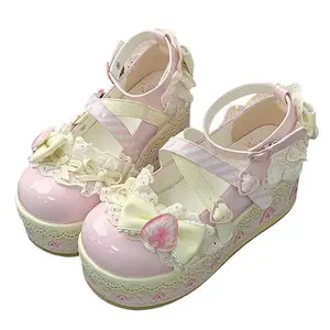 Lovely Girls Lolita Flat Platform Mary Janes Beige Sweet Strawberry Lace Bowknots Elevator Shoes for Female Students mary janes