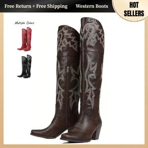 Knee High Tall Cowboy Boots Women Vintage Embroidered Pointed Platform Over the Knee Cowgirl Boots Fashion Square Toe Chunky Heel Western Over-The-Knee Vacation Boots