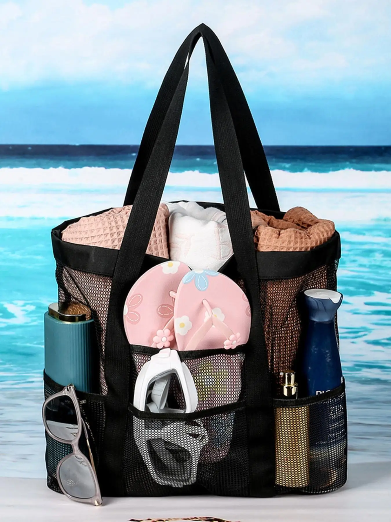 Casual Travel Mesh Tote Bag, 2025 New Style Large Capacity Sports Vacation Shoulder Bag For Gym, Swimming, Beach, Trendy Shopping Bag