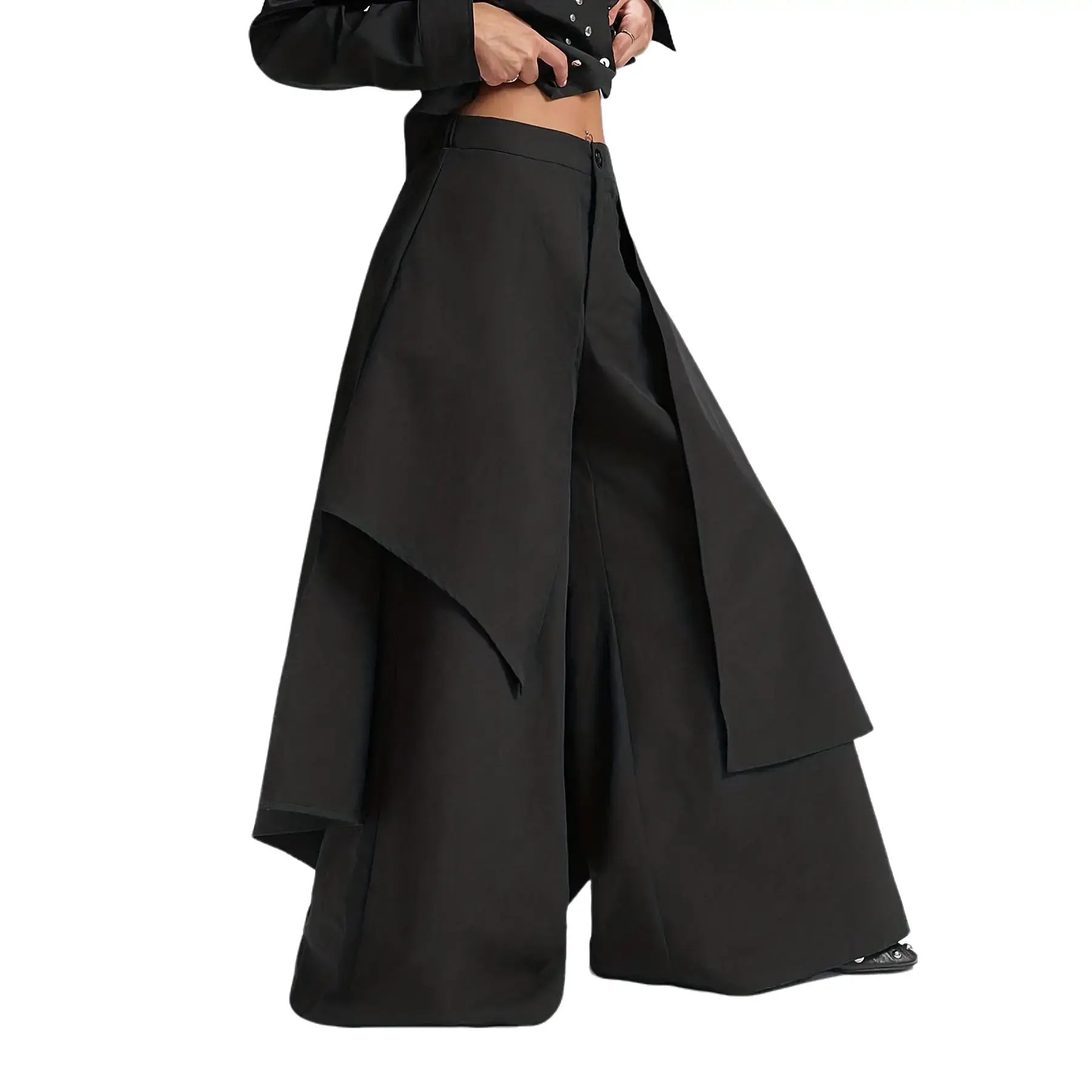 Women's Fitted Woven Wide Leg Pants - Japanese-Inspired, Asymmetrical Twist Hem, Plain Design for Casual & Formal Wear, No