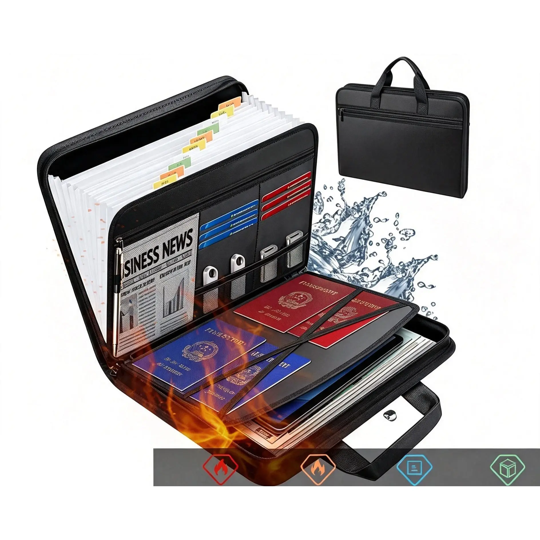 A4 Letter Size Fireproof File Organizer with Carry Handle, 13 Compartment Expanding Folder, Transparent Pockets & Label Tags, Safe Storage for Important Documents at Home or Workplace