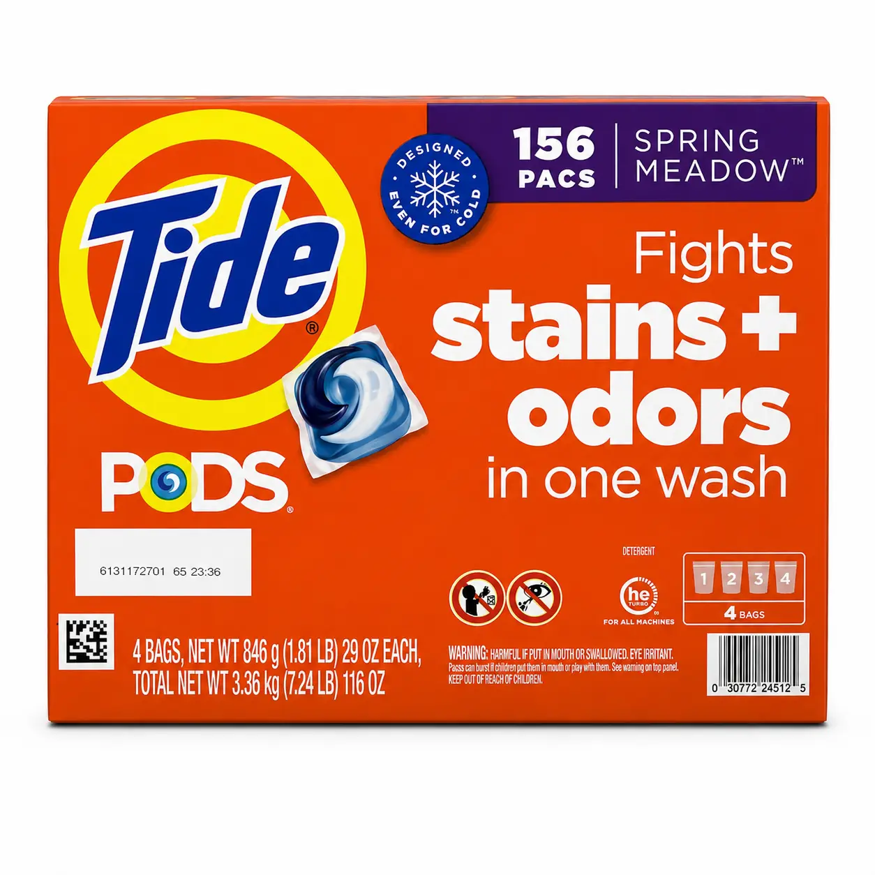 Tide PODS Laundry Detergent Pacs, Spring Meadow Scent, 156 Count (4 Bags), HE Compatible, Designed for Cold Water, Fights Stains & Odors