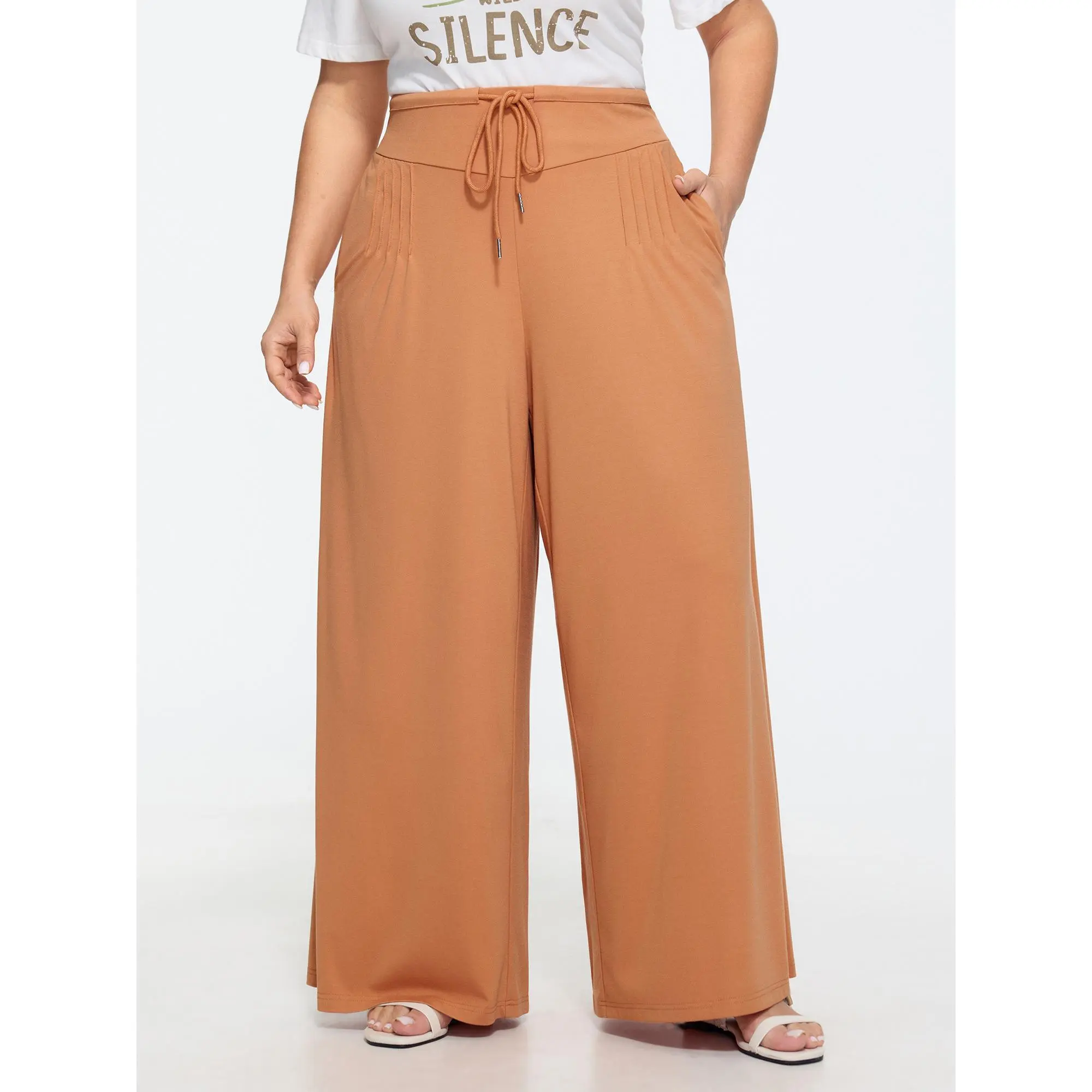 BloomChic Plus Size Women's Solid Basic Pants, Stretchy Wide-Leg Fit Leisure Bottom in a Rayon Blend Fabric with a Drawstring Waist, Casual, 14-16/1X, High Stretch, Spandex, Nylon, Baggy, Garment